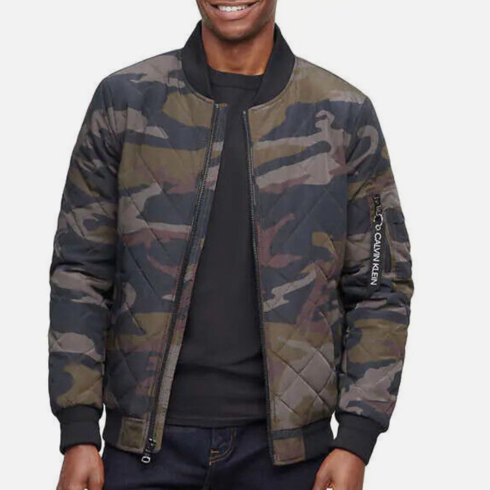 CALVIN KLEIN MENS DIAMOND QUILTED OLIVE CAMO BOMBER JACKET LARGE NWOT